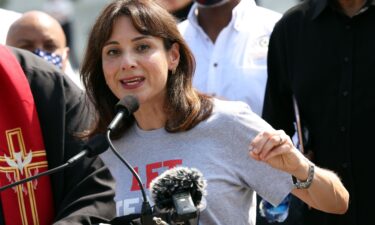 Texas State Rep. Gina Hinojosa (D-District 49) speaks alongside fellow representatives and religious leaders at the US Supreme Court on August 12