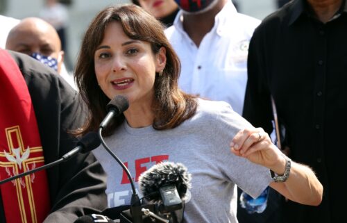Texas State Rep. Gina Hinojosa (D-District 49) speaks alongside fellow representatives and religious leaders at the US Supreme Court on August 12