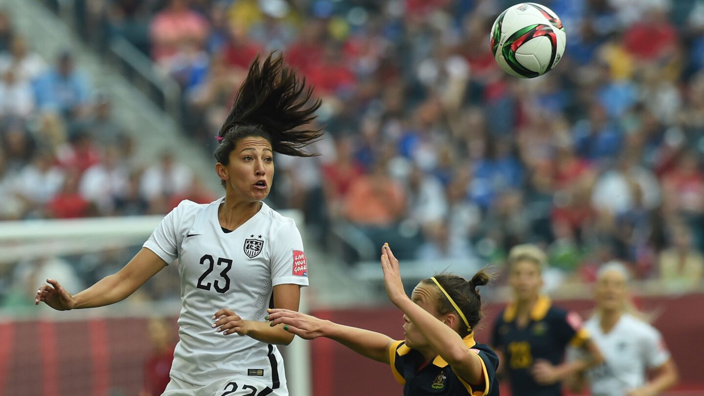 <i>JEWEL SAMAD/AFP/Getty Images via CNN Newsource</i><br/>Christen Press heads the ball during a women's World Cup match against Australia in 2021.