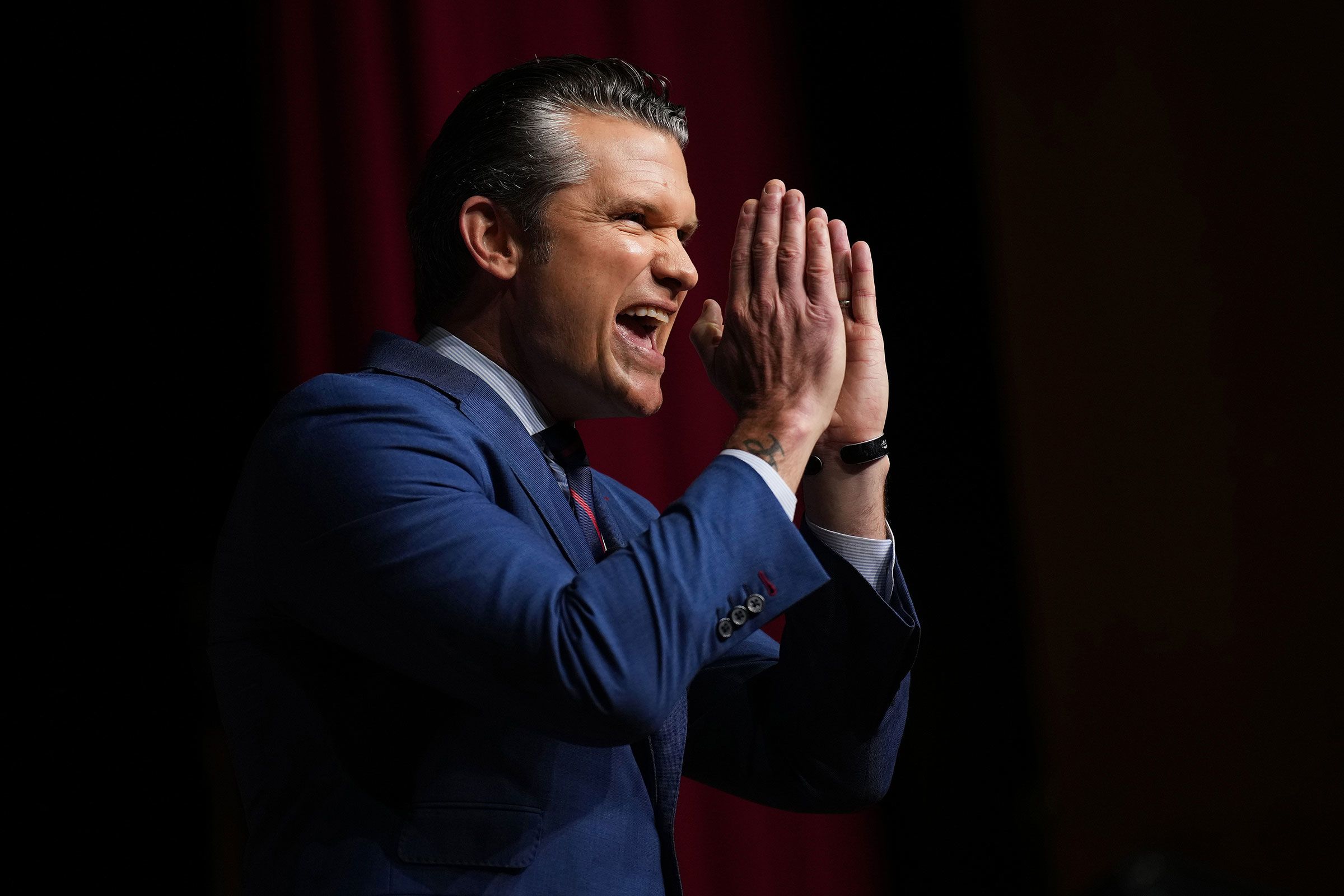 <i>Andrew Harnik/Getty Images via CNN Newsource</i><br/>U.S. Secretary of War Pete Hegseth speaks to senior military leaders at Marine Corps Base Quantico on September 30