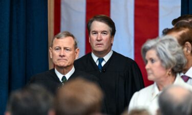 Chief Justice John Roberts and Justice Brett Kavanaugh arrive for the inauguration of U.S. President-elect Donald Trump in the U.S. Capitol Rotunda on January 20