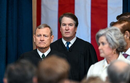 Chief Justice John Roberts and Justice Brett Kavanaugh arrive for the inauguration of U.S. President-elect Donald Trump in the U.S. Capitol Rotunda on January 20