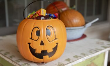 Halloween candy is displayed inside a pumpkin themed treat bucket in Tiskilwa