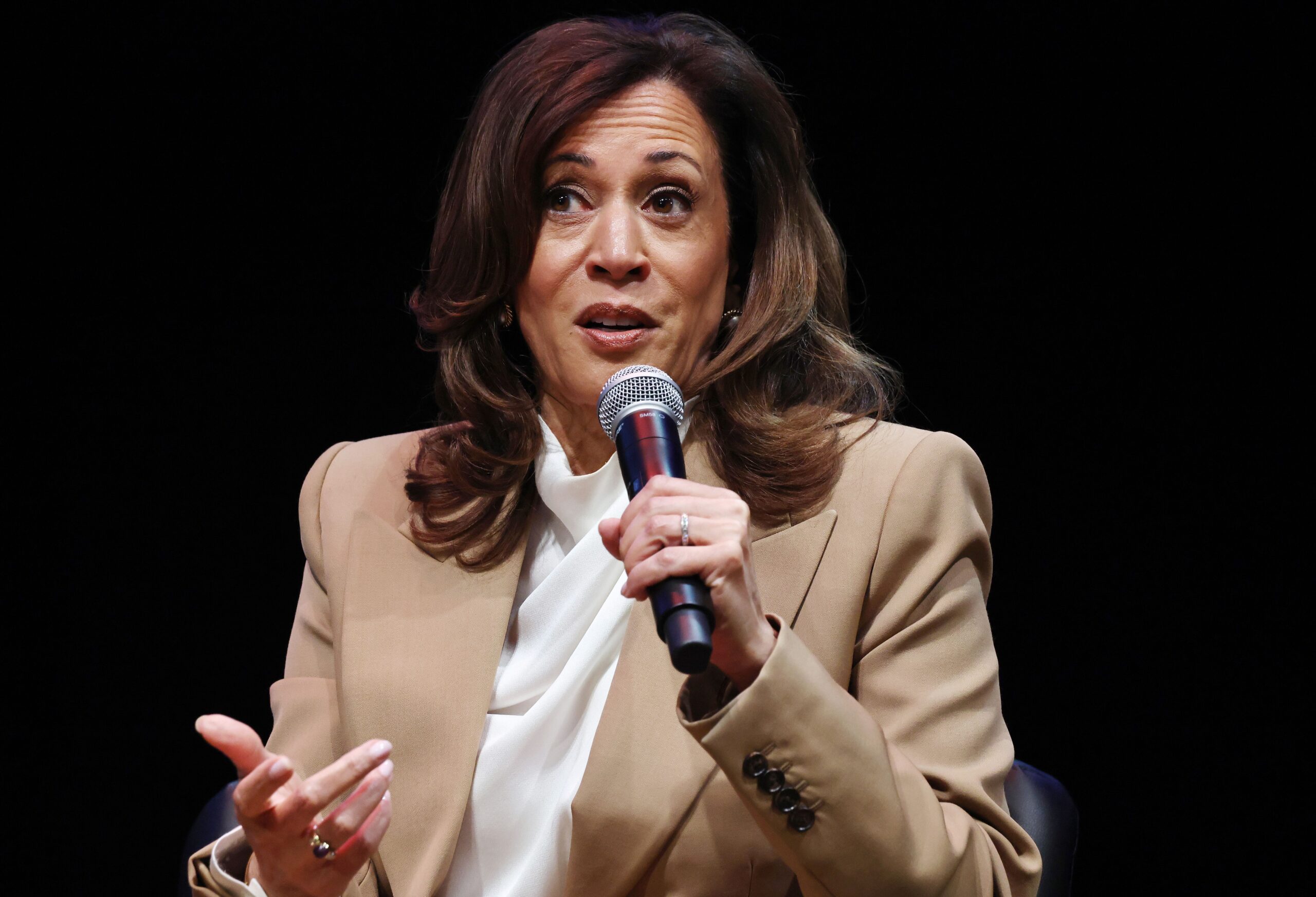 <i>Mario Tama/Getty Images via CNN Newsource</i><br/>Former Vice President Kamala Harris speaks at the Wiltern Theatre in Los Angeles on September 29.