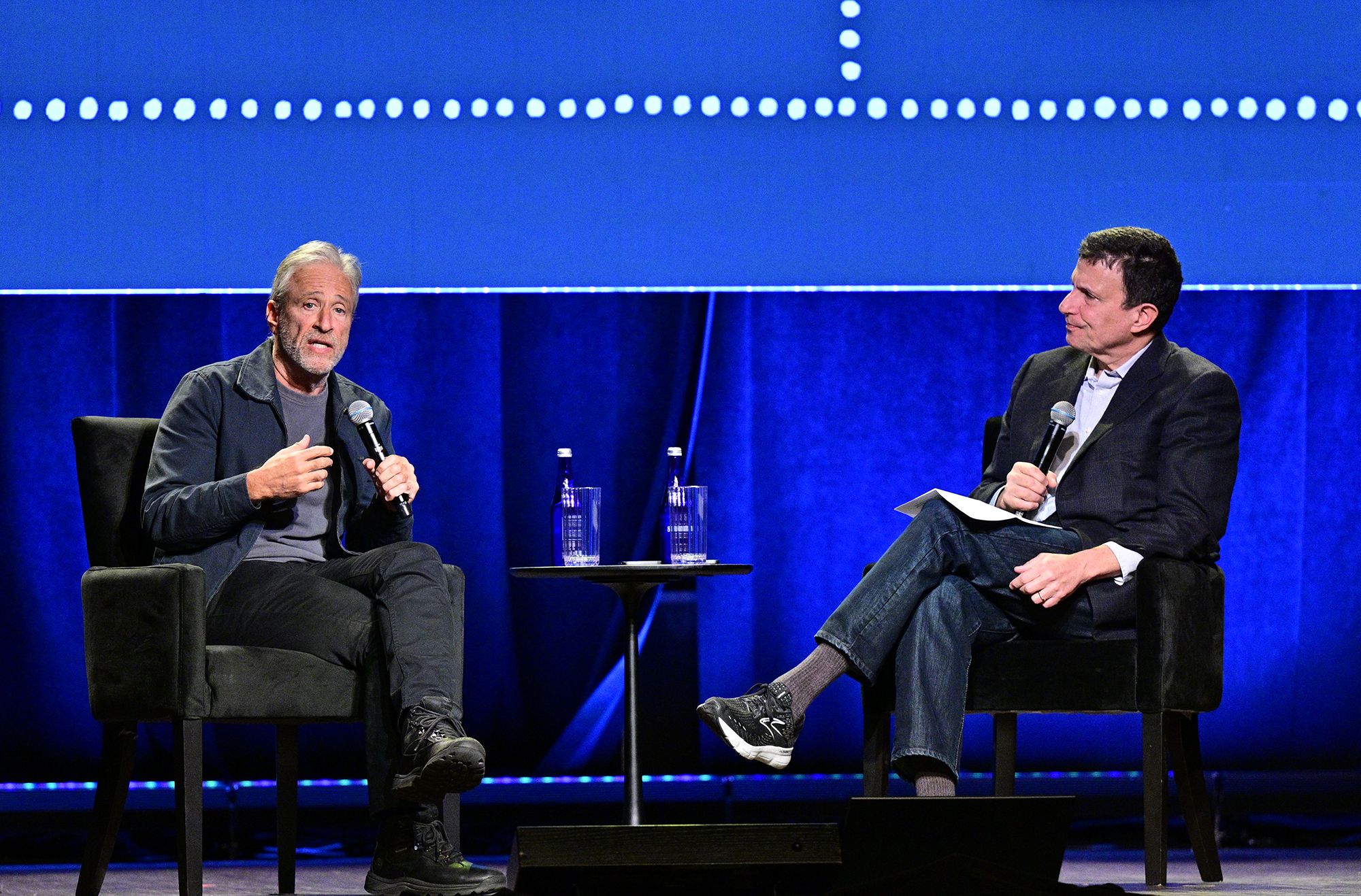 Jon Stewart talks with David Remnick about the future of his career and the fight over misinformation during The 2025 New Yorker Festival on October 26 in New York.