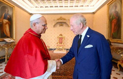 Pope Leo greets King Charles during a private audience at the Vatican October 23