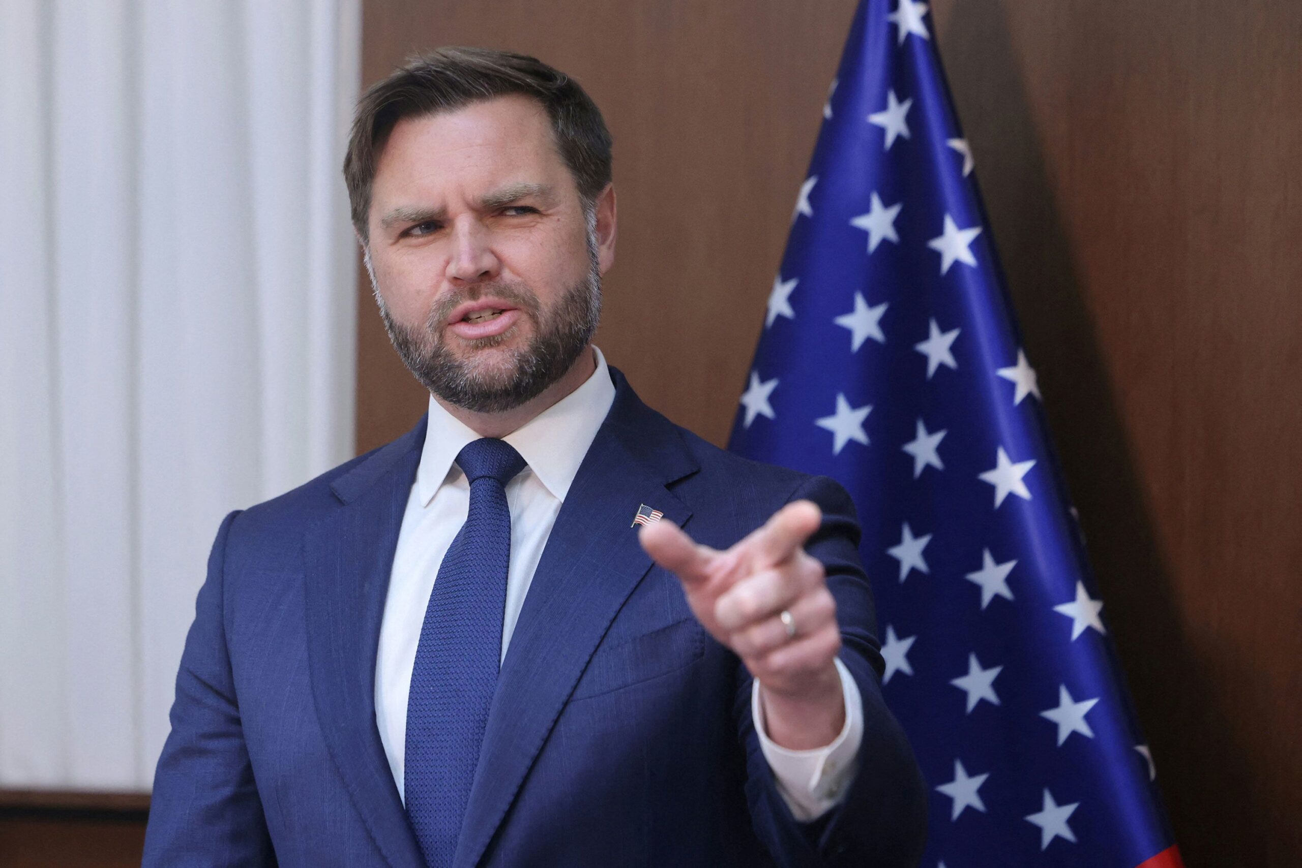<i>Marc Israel Sellem/Pool/Reuters via CNN Newsource</i><br/>Vice President JD Vance gestures during a meeting with Israeli Prime Minister Benjamin Netanyahu (not pictured) at the Prime Minister's Office in Jerusalem