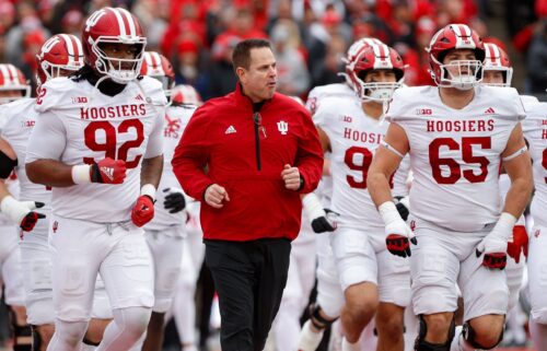 Indiana wide receiver Elijah Sarratt catches a touchdown pass against Michigan State on Saturday. Sarratt was one of the former James Madison players who transferred to play for Cignetti.