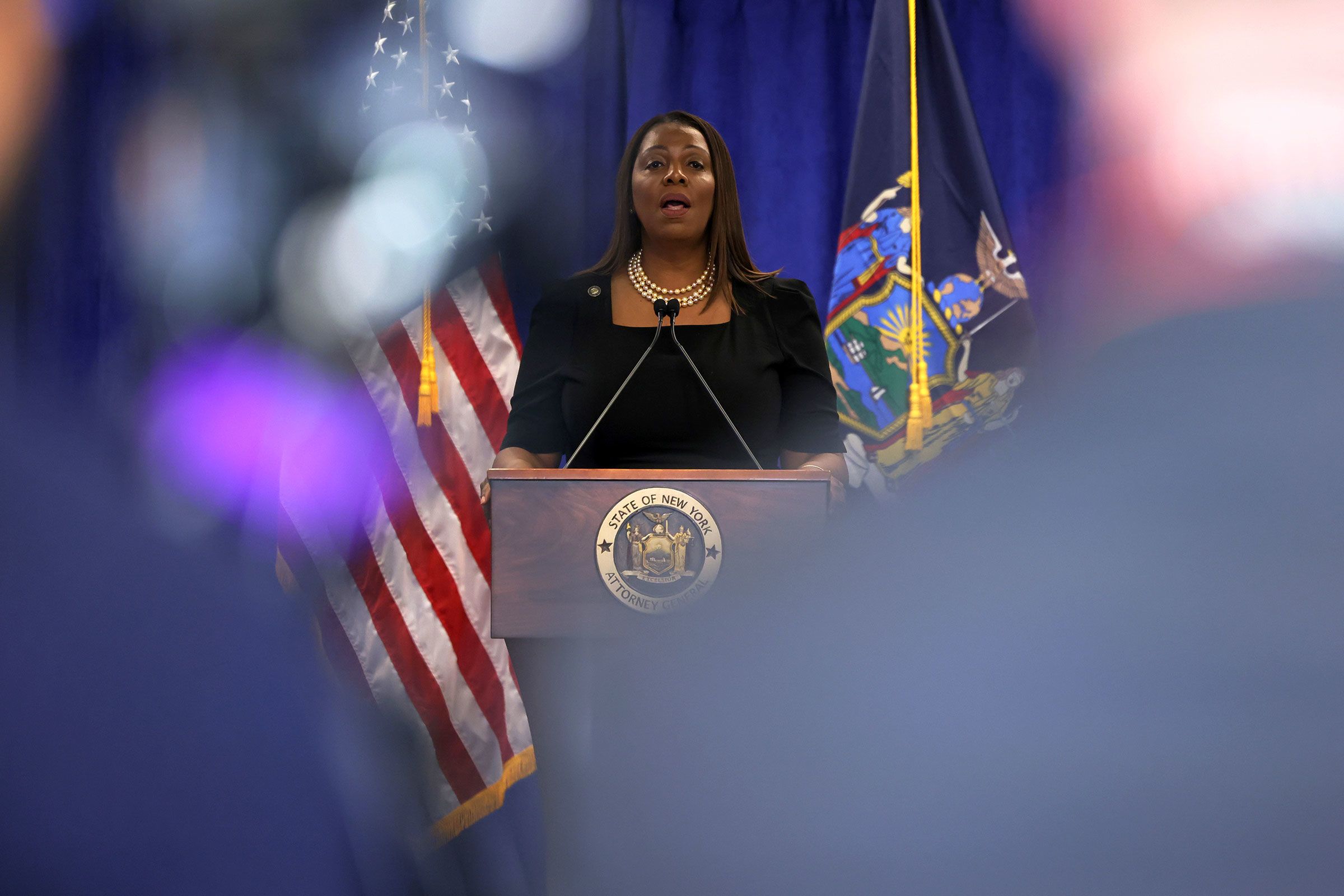 <i>Michael M. Santiago/Getty Images via CNN Newsource</i><br/>Attorney General Letitia James speaks during a press conference in New York on February 16