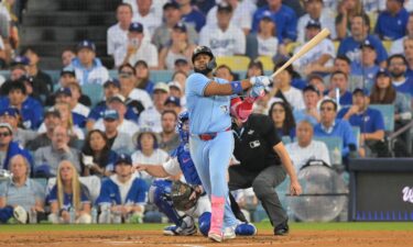Toronto Blue Jays first baseman Vladimir Guerrero Jr. hits a tworun home run in the third inning at Dodger Stadium in Los Angeles.