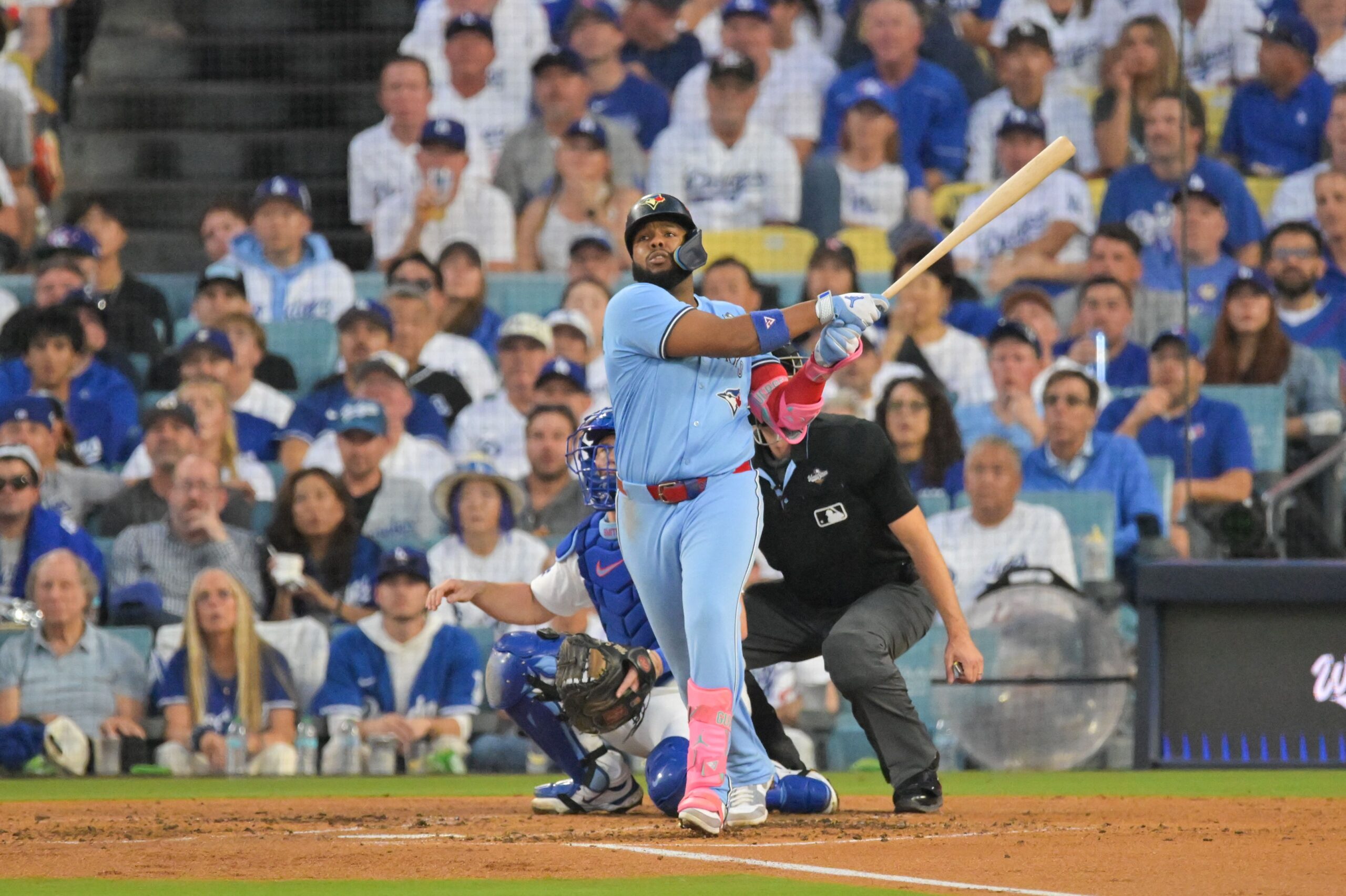 <i>Jayne Kamin-Oncea/Imagn Images/Reuters via CNN Newsource</i><br/>Toronto Blue Jays first baseman Vladimir Guerrero Jr. hits a tworun home run in the third inning at Dodger Stadium in Los Angeles.
