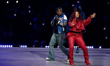 Kendrick Lamar performs with SZA at the 2025 Super Bowl halftime show.