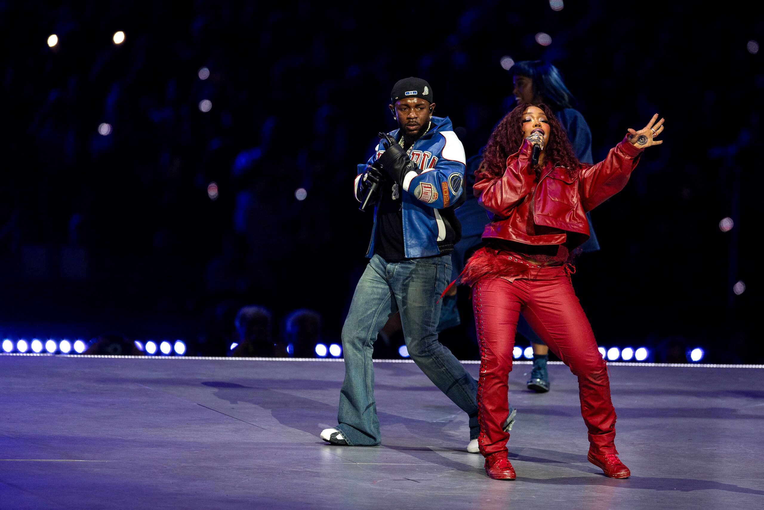 <i>Michael Owens/Getty Images via CNN Newsource</i><br/>Kendrick Lamar performs with SZA at the 2025 Super Bowl halftime show.