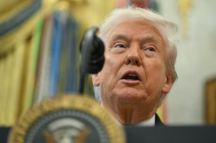 President Donald Trump speaks during a press conference in the Oval Office of the White House, October 15, 2025 in Washington.