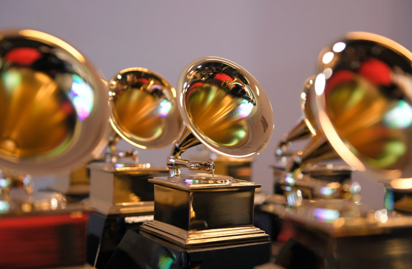 Grammy trophies sit in the press room during the 64th Annual GRAMMY Awards at MGM Grand Garden Arena on April 03, 2022 in Las Vegas, Nevada.