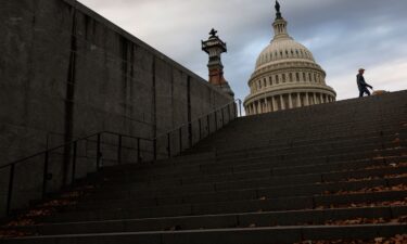 A pedestrian walks their dog across the East Front Plaza during the morning hours of November 10 on Capitol Hill in Washington