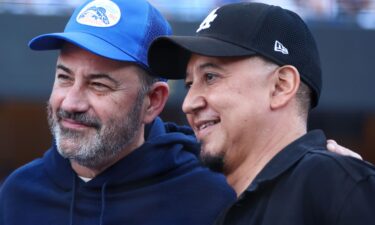 Jimmy Kimmel and Cleto Escobedo III at Dodger Stadium in October 2024.