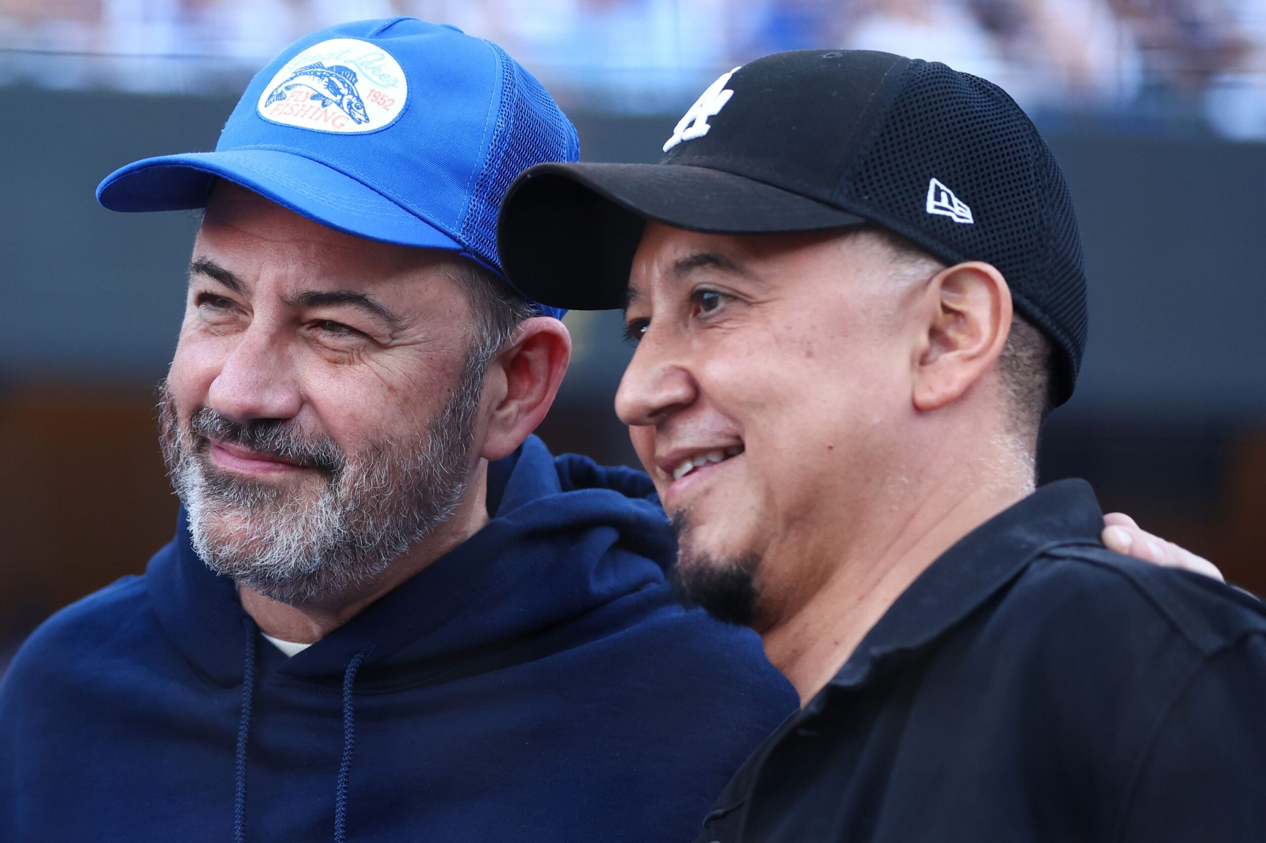 <i>Maddie Meyer/Getty Images via CNN Newsource</i><br/>Jimmy Kimmel and Cleto Escobedo III at Dodger Stadium in October 2024.