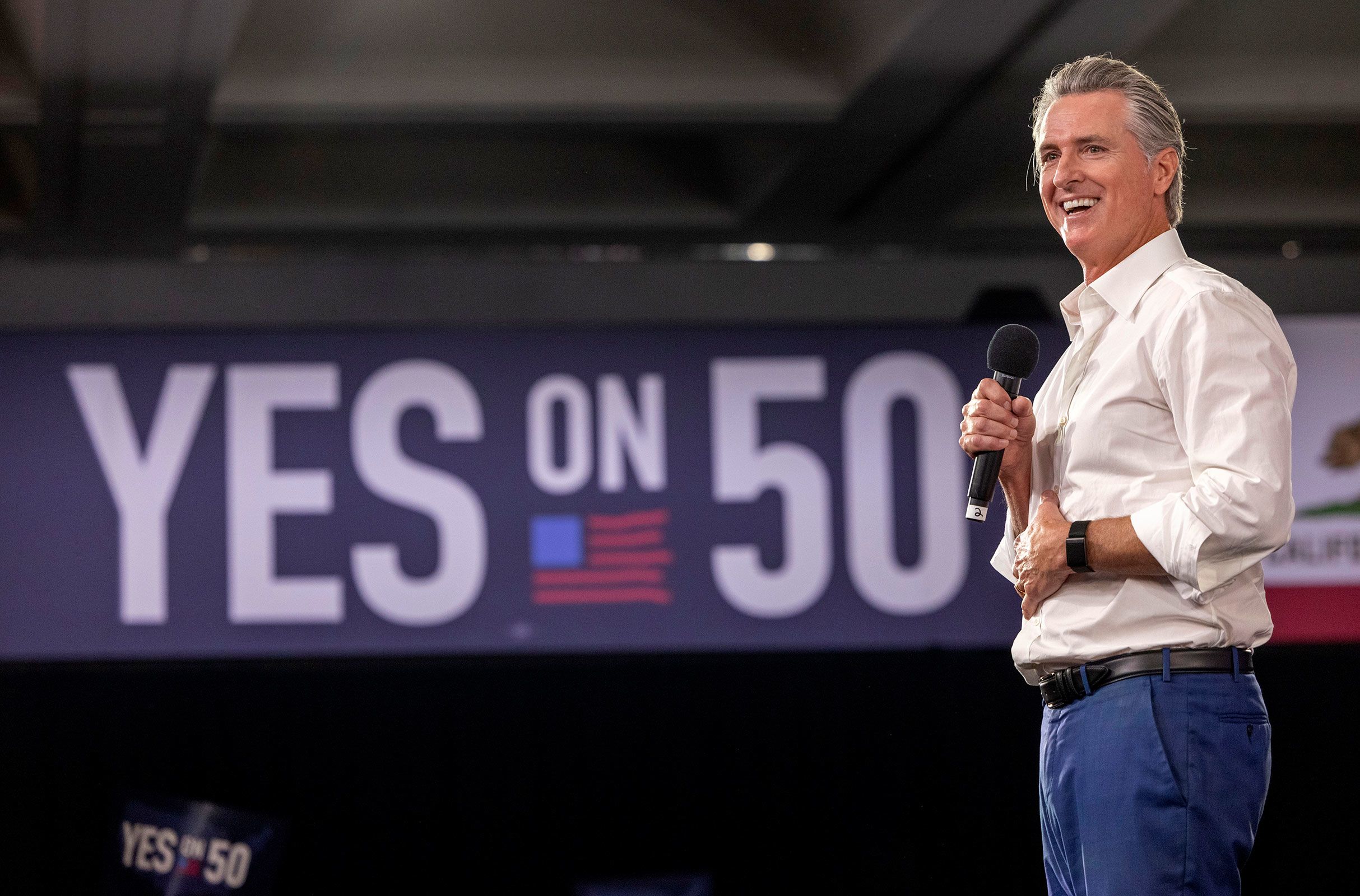 <i>Jill Connelly/Getty Images via CNN Newsource</i><br/>California Gov. Gavin Newsom speaks at a "Yes On Prop 50" volunteer event at the LA Convention Center in Los Angeles on November 1
