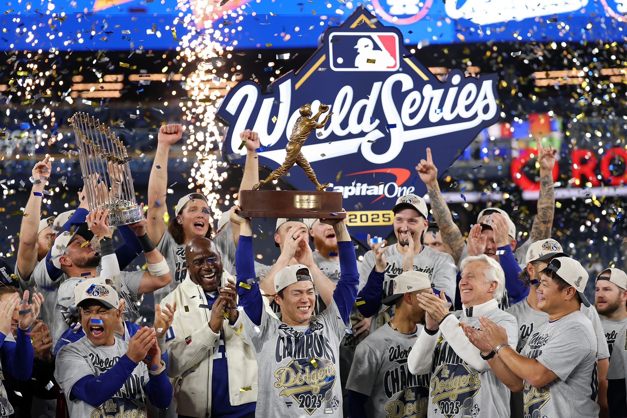 <i>Emilee Chinn/Getty Images via CNN Newsource</i><br/>The Los Angeles Dodgers celebrate winning the 2025 World Series at Rogers Center in Toronto on November 2