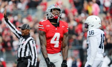 Ohio State Buckeyes wide receiver Jeremiah Smith (4) celebrates a long pass reception during the third quarter against the Penn State Nittany Lions on November 1.