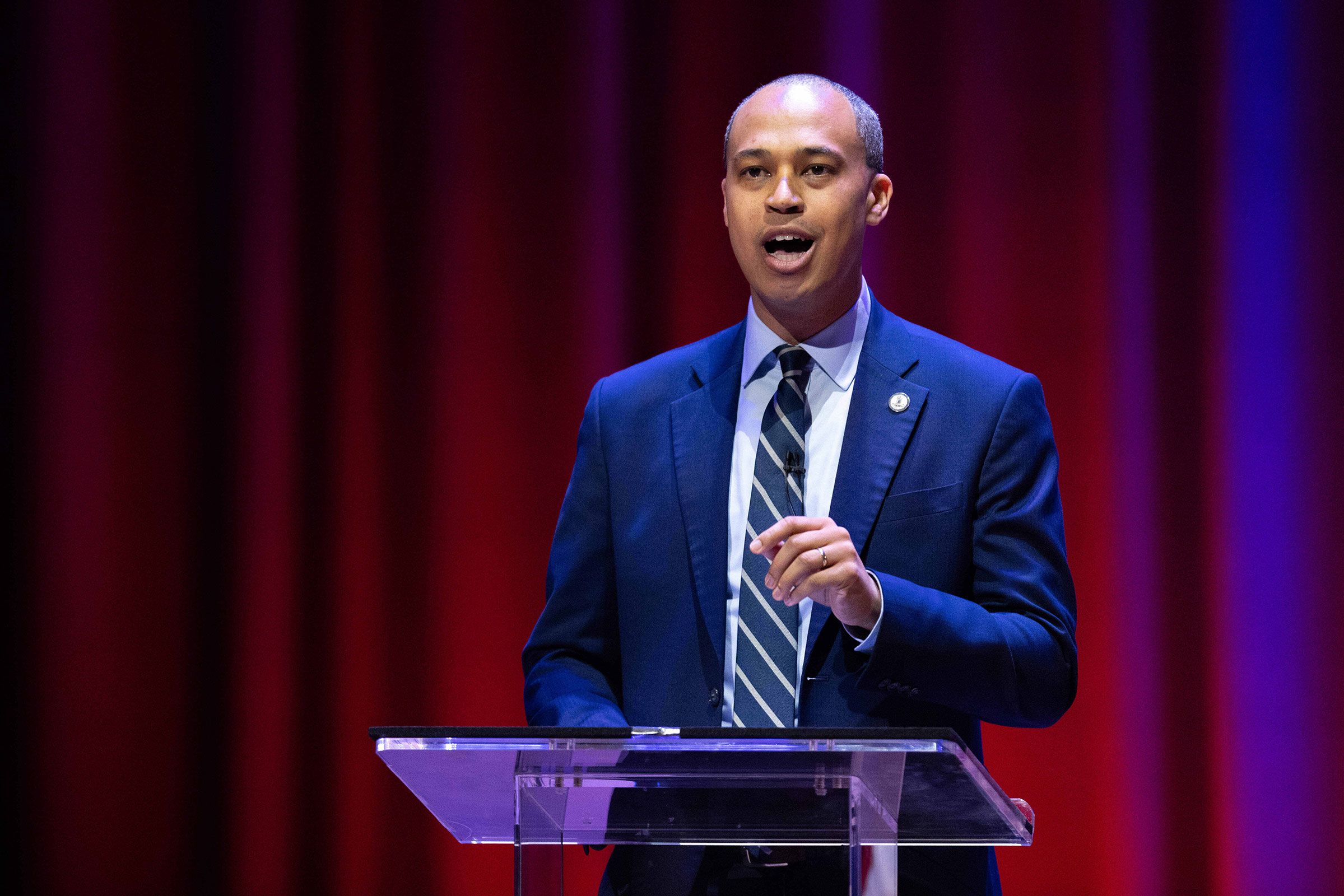 <i>Mike Kropf/Richmond Times-Dispatch/Pool/AP via CNN Newsource</i><br/>Democrat Jay Jones participates in the Virginia attorney general debate against Republican incumbent Jason Miyares in Richmond