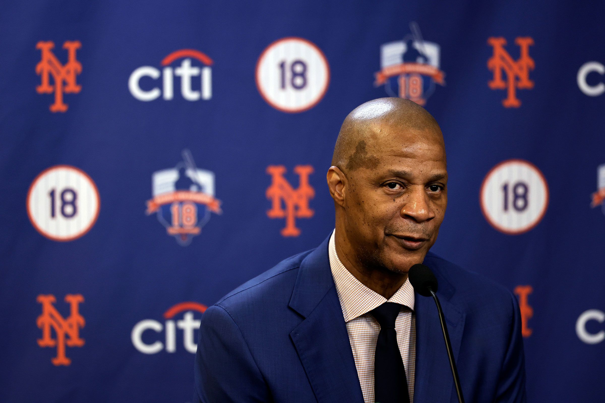 <i>Adam Hunger/Getty Images/File via CNN Newsource</i><br/>Former New York Met Darryl Strawberry speaks to the media before a ceremony to retire his jersey number at Citi Field in June 2024.