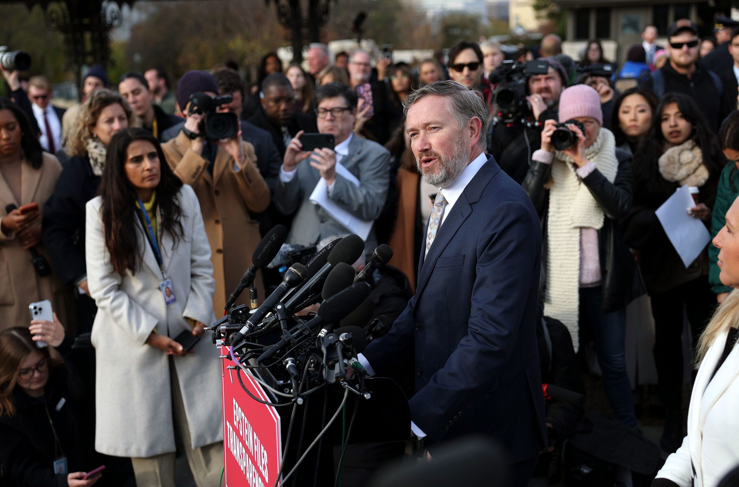 <i>Anna Moneymaker/Getty Images via CNN Newsource</i><br/>Rep. Thomas Massie speaks during a news conference with Epstein abuse survivors outside the US Capitol on Tuesday