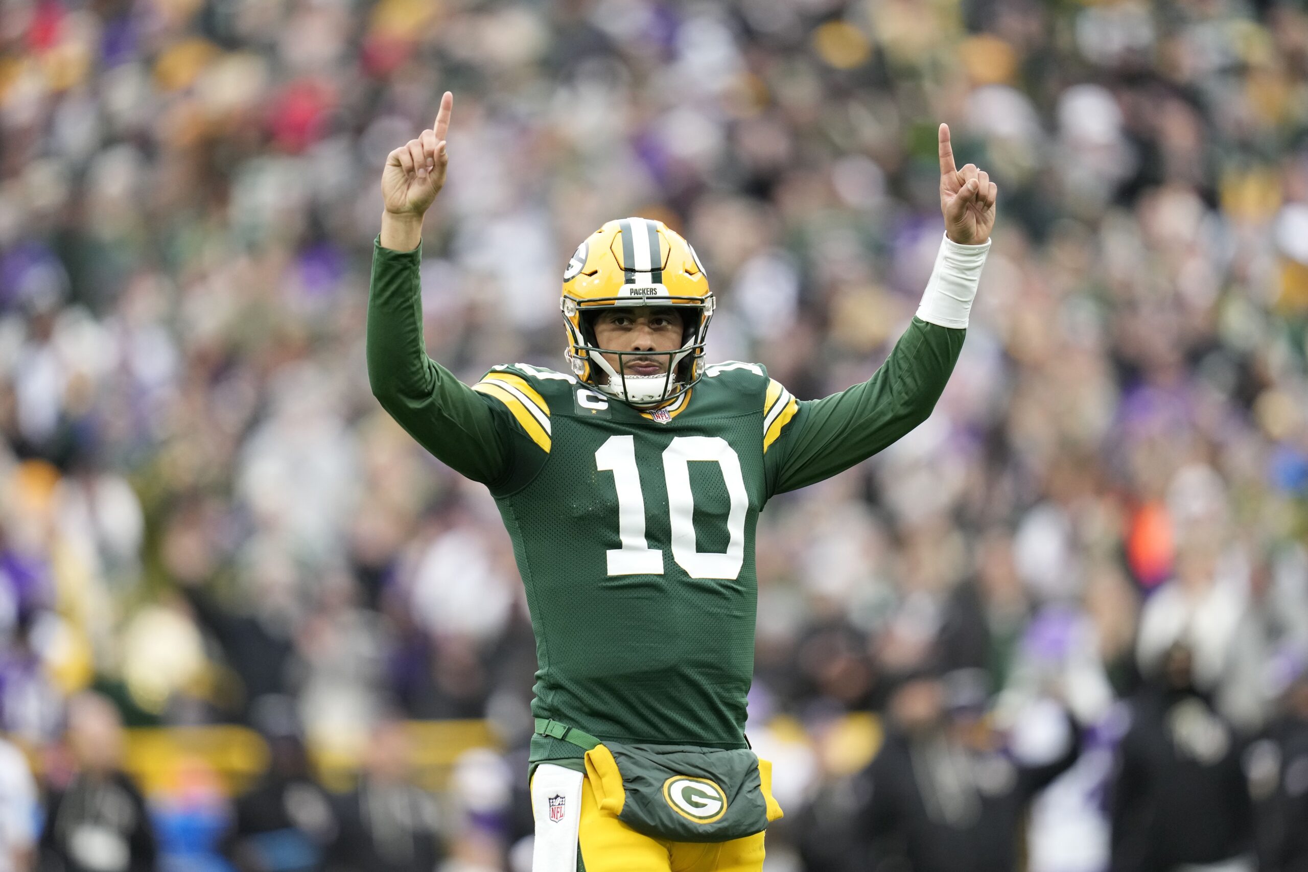 <i>John Fisher/Getty Images via CNN Newsource</i><br/>Green Bay Packers quarterback Jordan Love celebrates a play during the second quarter against the Minnesota Vikings at Lambeau Field on November 23.