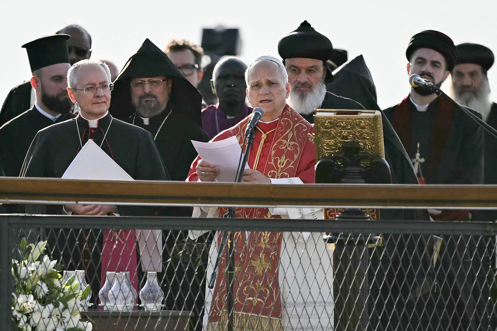 <i>Ozan Kose/AFP/Getty Images via CNN Newsource</i><br/>Pope Leo XIV addresses leaders from a myriad of denominations near the Basilica of Saint Neophytos by Lake Iznik