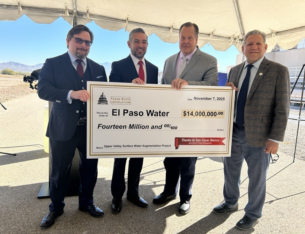 (From left to right) State Rep. Joe Moody's Chief of Staff Ellic Sahualla, State Senator Cesar Blanco, EPWater CEO John Balliew and El Paso County Commissioner for Precinct 4 Sergio Coronado
