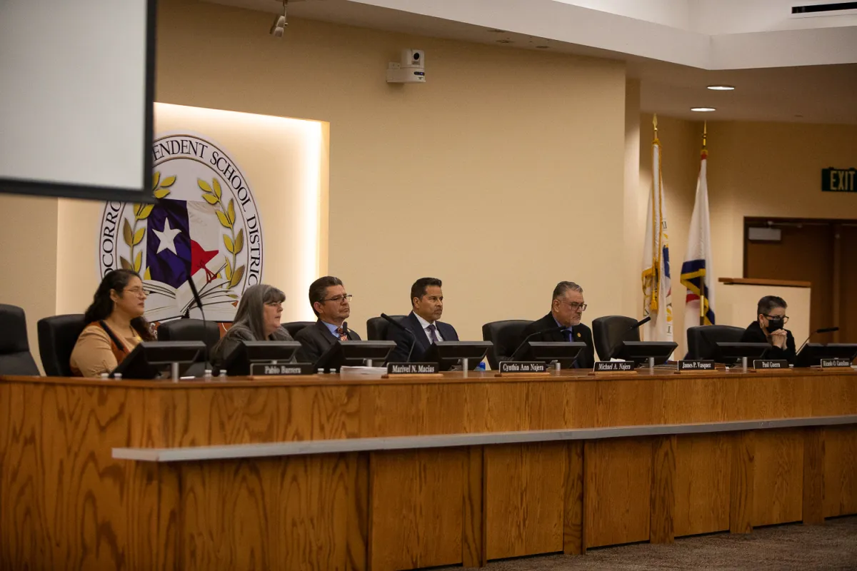 The Socorro ISD Board of Trustees meets to hear public comment and vote on a proposal to cut elementary fine arts programs and lay off about 300 teachers and staff, Feb. 19, 2025.