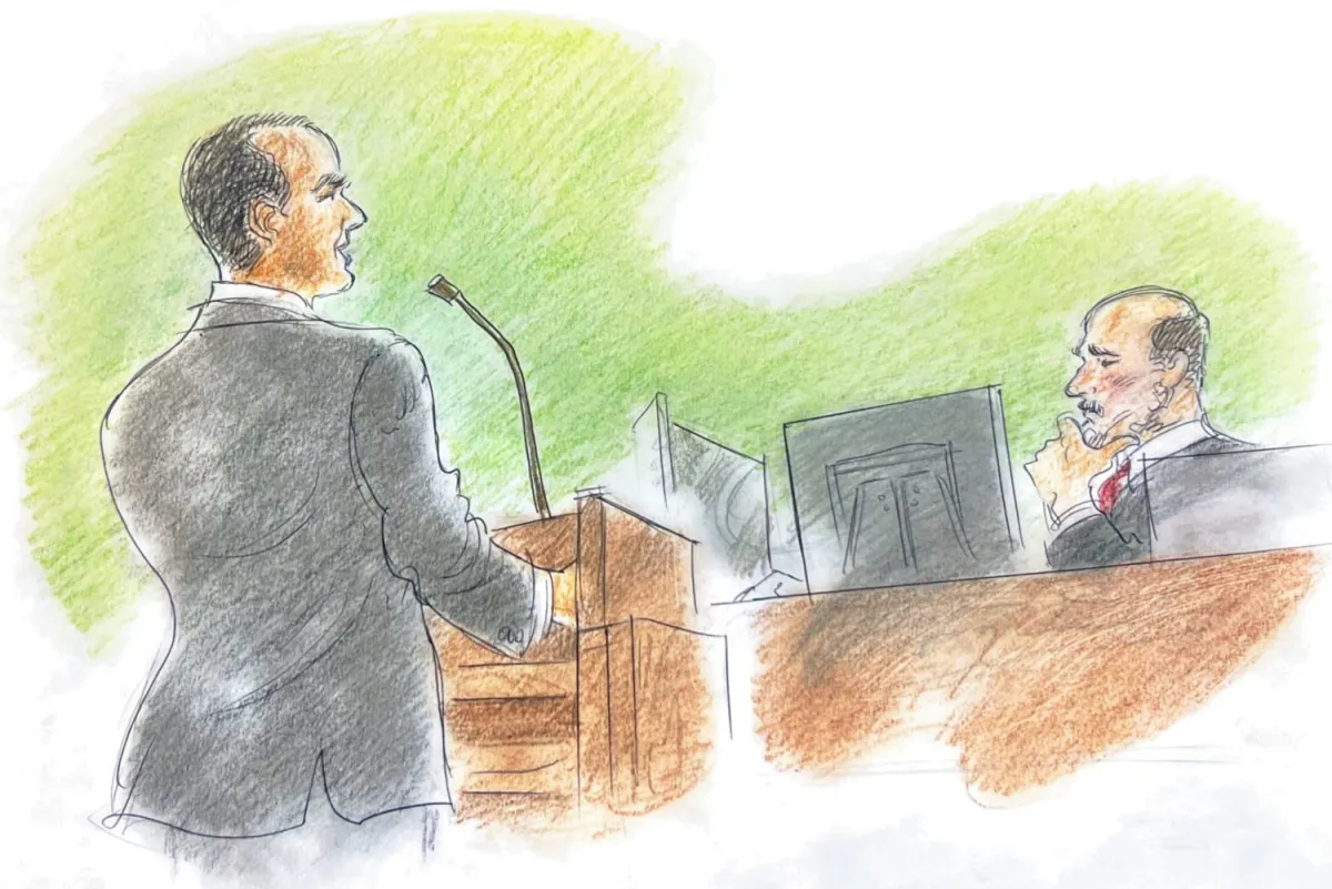 Assistant U.S. Attorney Ian Hanna addresses U.S. District Judge David Guaderrama at Patrick Crusius' sentencing hearing on July 7, 2023.