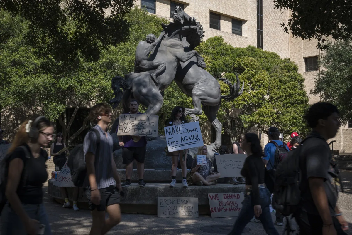 Students hold a protest in defense of free speech near the Fighting Stallions statue at the Texas State University campus on Sept. 17, 2025. Texas lawmakers will hold a hearing Thursday to discuss speech on college campuses.