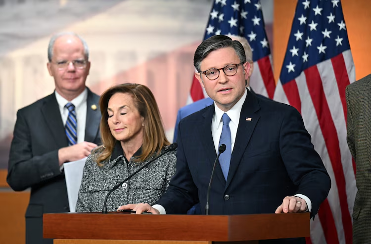 Speaker of the House Mike Johnson speaks during a press conference on Capitol Hill on November 18, 2025 in Washington, DC.