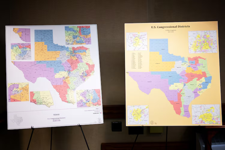 In this Aug. 6, 2025, file photo, U.S. Congressional District maps are displayed as the Senate Special Committee on Congressional Redistricting meets to hear invited testimony on Congressional plan C2308 at the Texas State Capitol in Austin, Texas.
