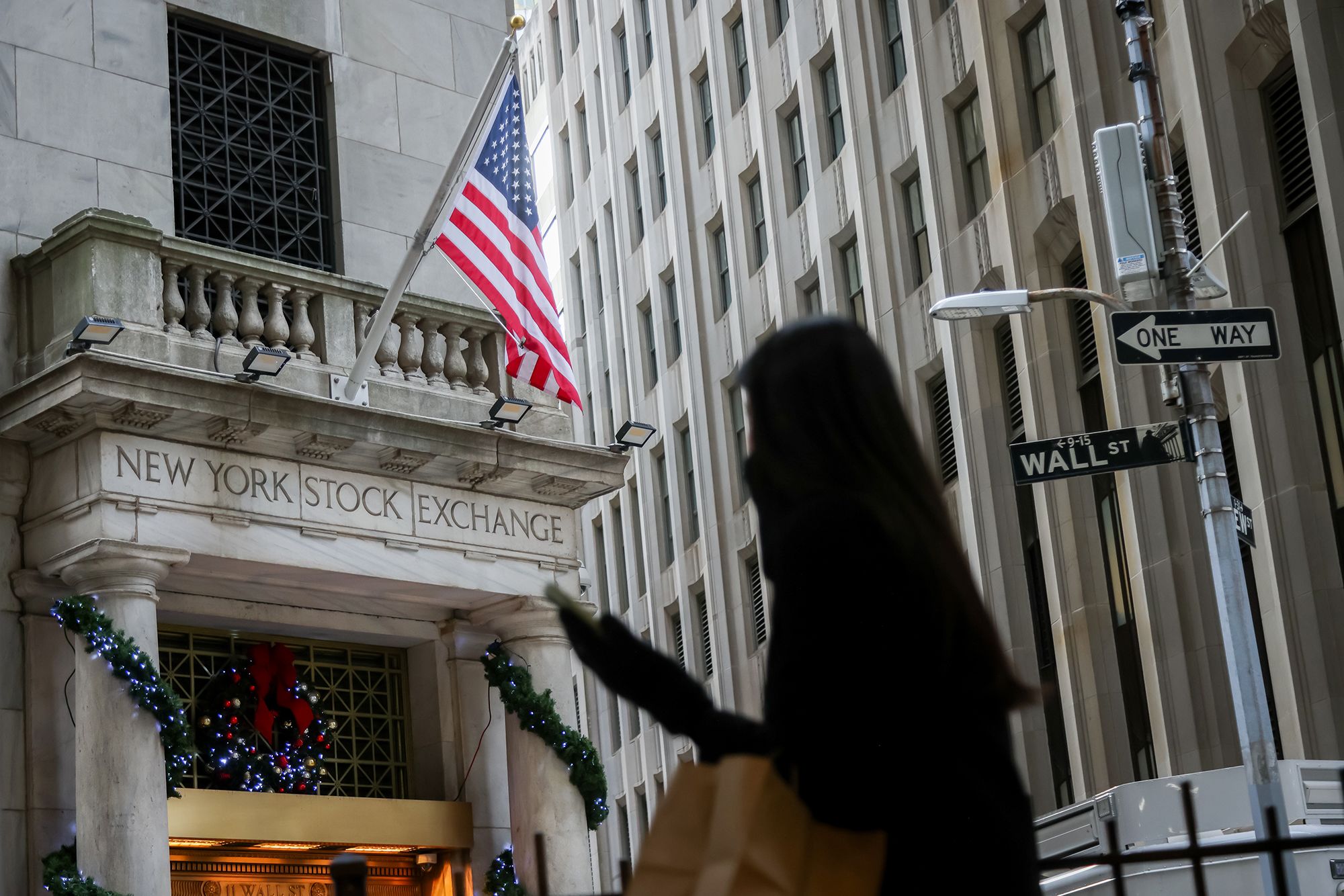 Holiday decorations outside the New York Stock Exchange (NYSE) in New York on December 8