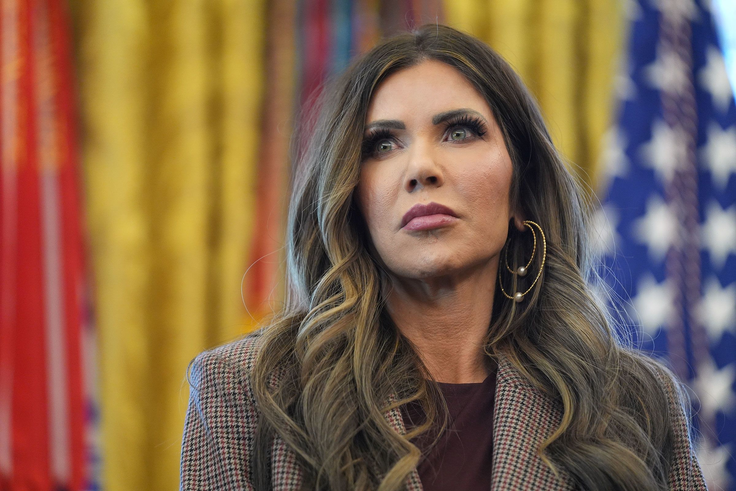 <i>Evan Vucci/AP/File via CNN Newsource</i><br/>Homeland Security Secretary Kristi Noem attends a meeting in the Oval Office of the White House