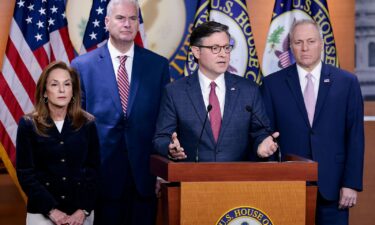 Senate Majority Leader John Thune addresses reporters after the weekly Senate Republican conference policy luncheon at the US Capitol