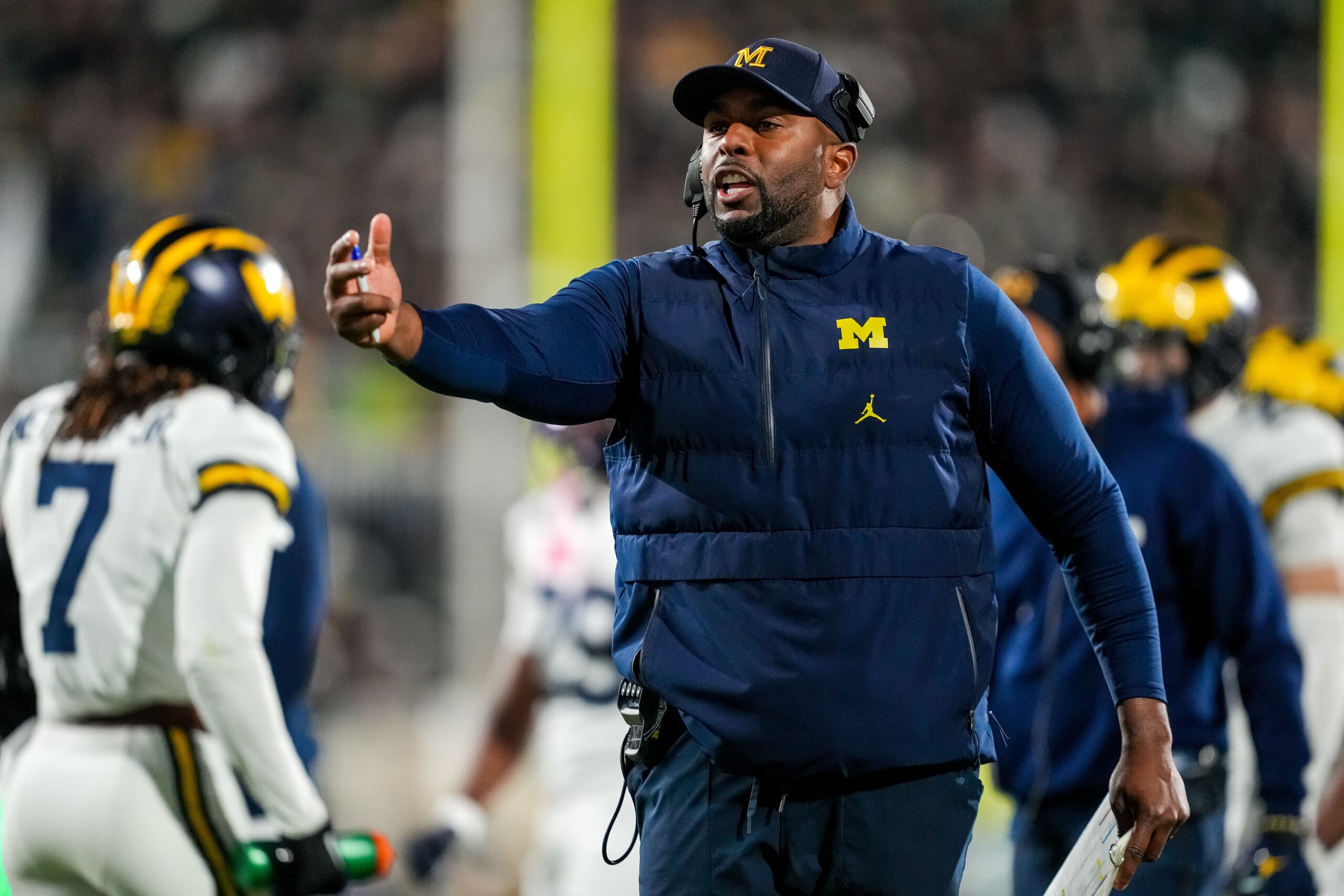 <i>Nic Antaya/Getty Images via CNN Newsource</i><br/>Sherrone Moore head coach of the Michigan Wolverines reacts against the Michigan State Spartans during the second quarter at Spartan Stadium on October 25.