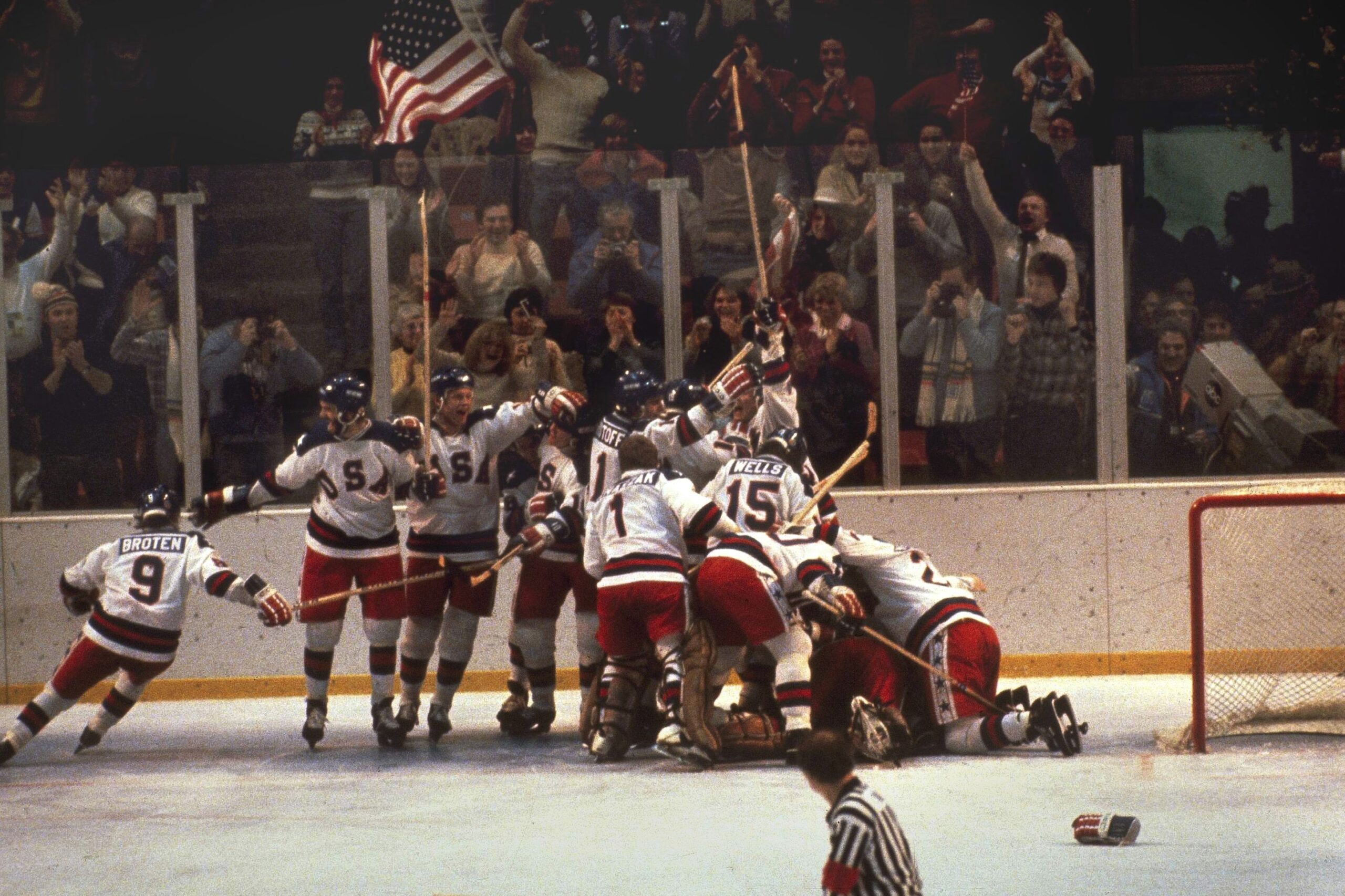 <i>AP via CNN Newsource</i><br/>The U.S. hockey team pounces on goalie Jim Craig after a 4-3 victory against the Soviets in the 1980 Olympics