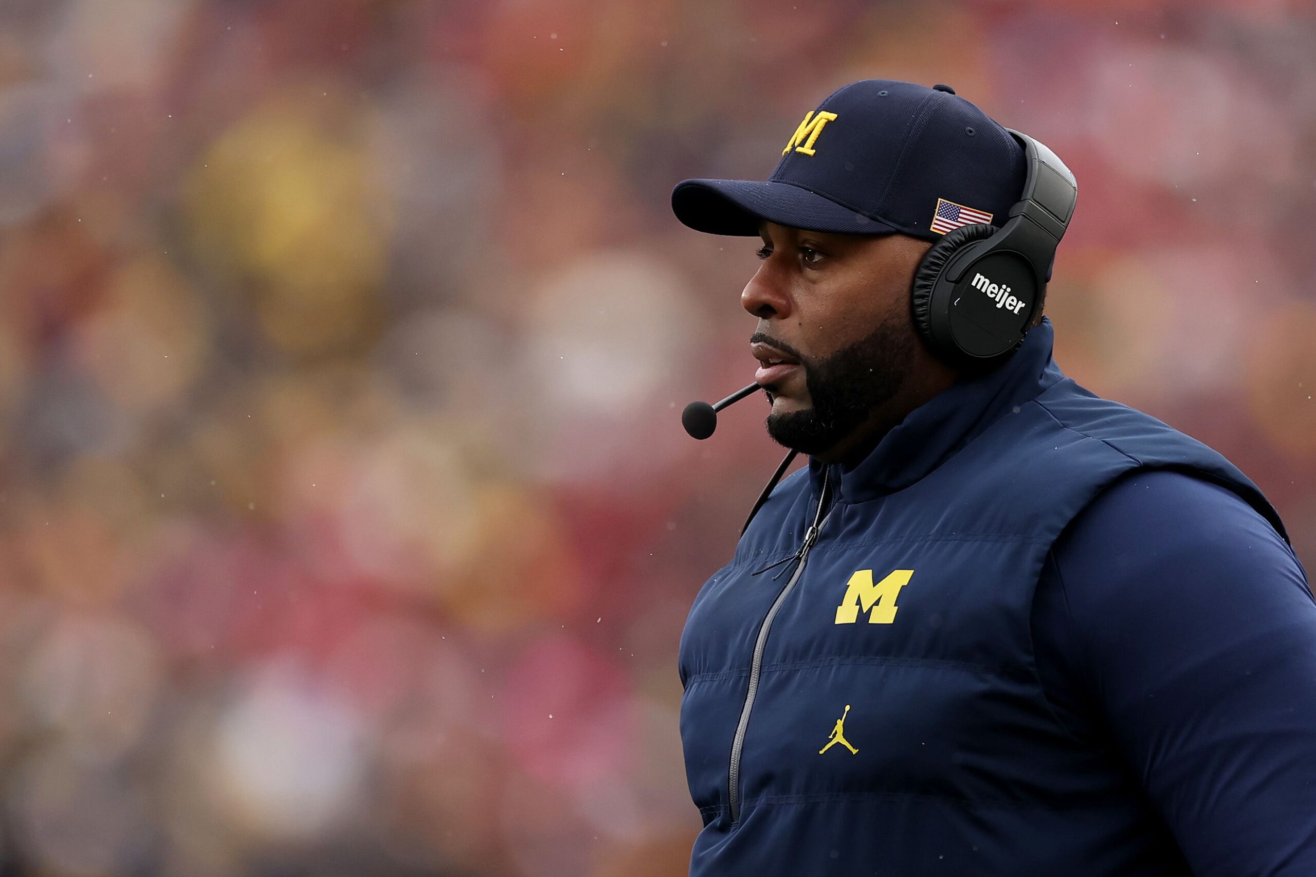 Then-head coach Sherrone Moore of the Michigan Wolverines coaches against the Ohio State Buckeyes at Michigan Stadium on November 29.