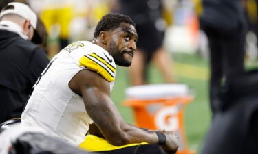 Pittsburgh Steelers wide receiver DK Metcalf sits on the bench duringhis team's game against the Detroit Lions on Sunday.