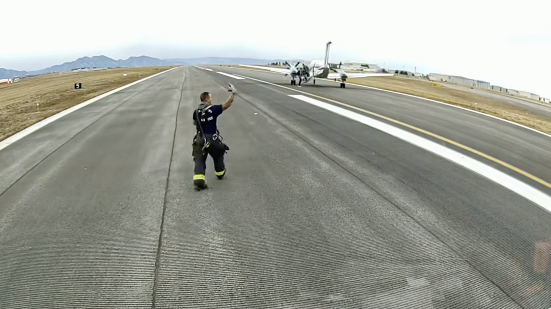 <i>North Metro Fire Rescue via CNN Newsource</i><br/>Two people emerged unscathed from the Beechcraft Super King Air 200 after it stopped on the runway at Rocky Mountain Metropolitan Airport near Denver