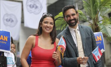US Representative Alexandria Ocasio-Cortez (AOC) along with New York State Assembly member Zohran Kwame Mamdani attend the 2025 National Puerto Rican Day Parade in New York City on June 8