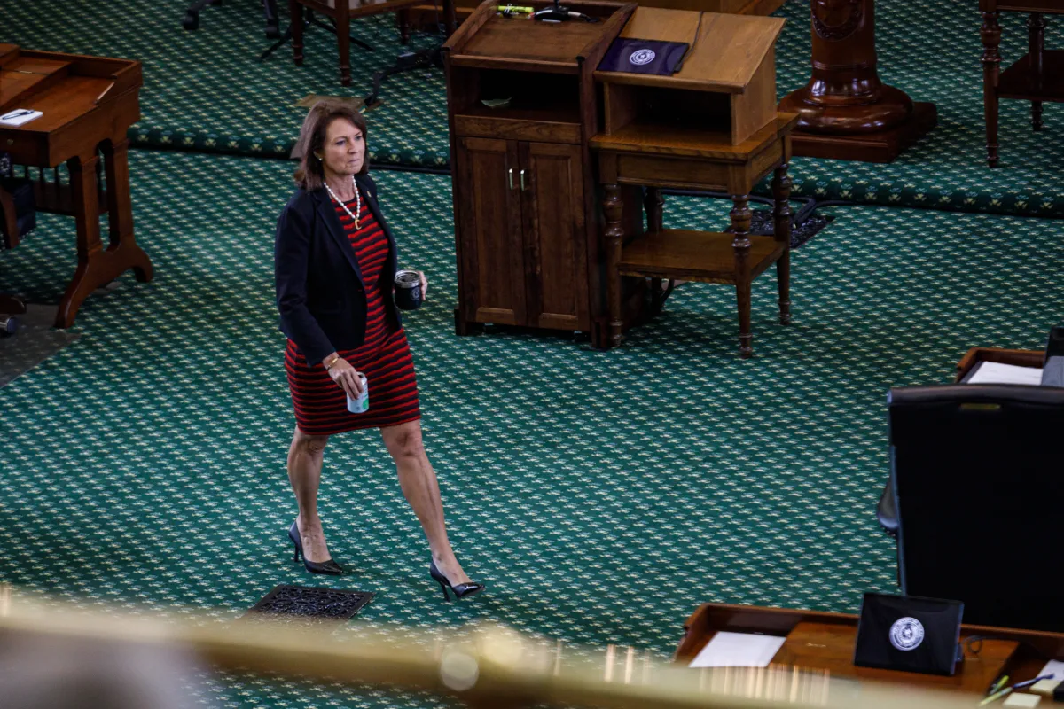 State Sen. Angela Paxton, R-McKinney, walks onto the Senate floor on the morning of the tenth day of Attorney General Ken Paxton’s impeachment trial at the Texas Capitol in Austin on Sept. 16, 2023.