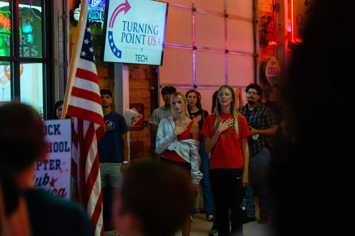 Attendees at a Turning Point USA rally in Lubbock on Oct. 7, 2025. Gov. Greg Abbott announced Monday a plan to open more chapters of the conservative youth organization in Texas high schools.
