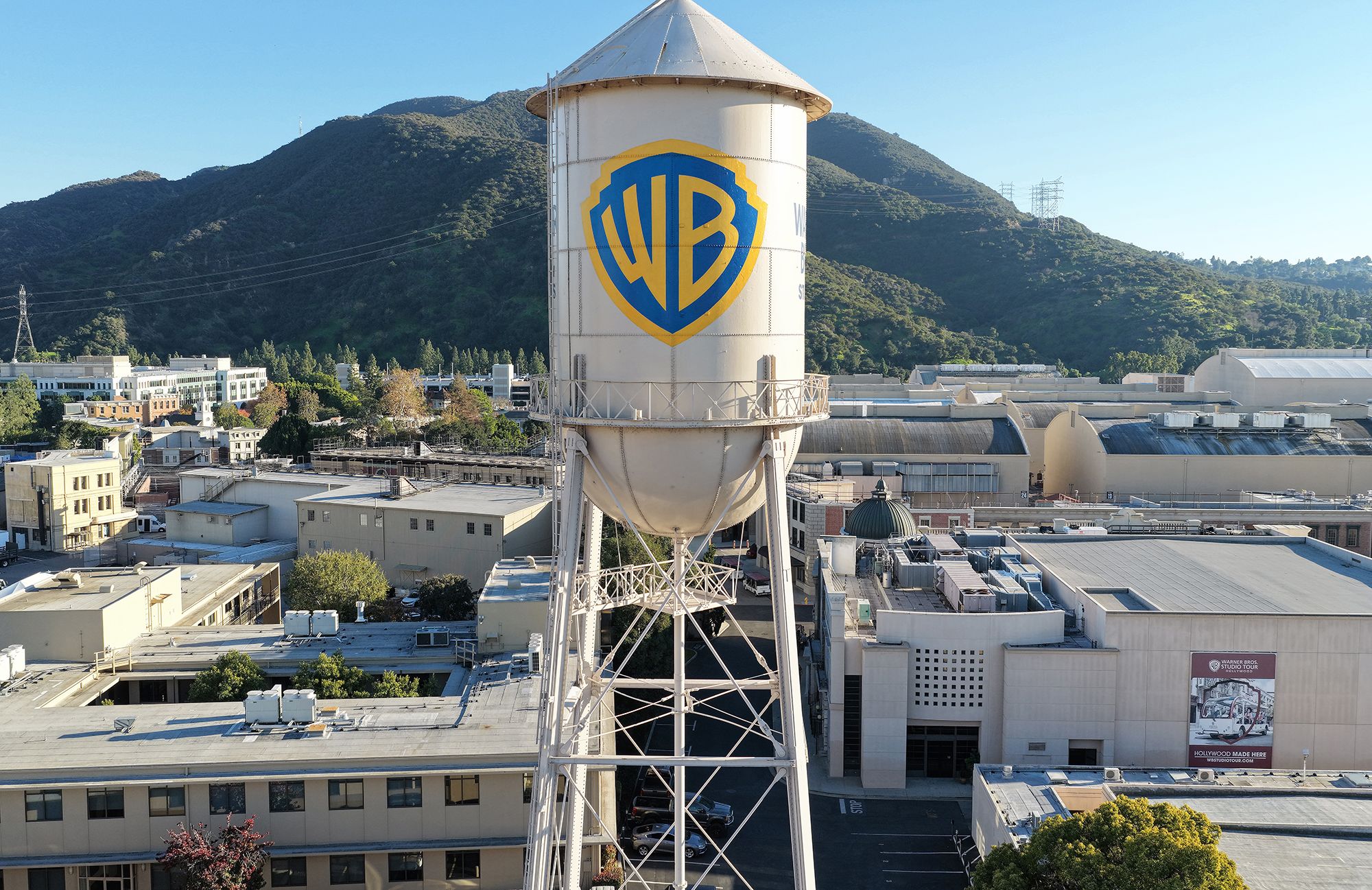 <i>Mario Tama/Getty Images via CNN Newsource</i><br/>An aerial view of the Warner Bros. logo displayed on the water tower at Warner Bros. Studio in Burbank