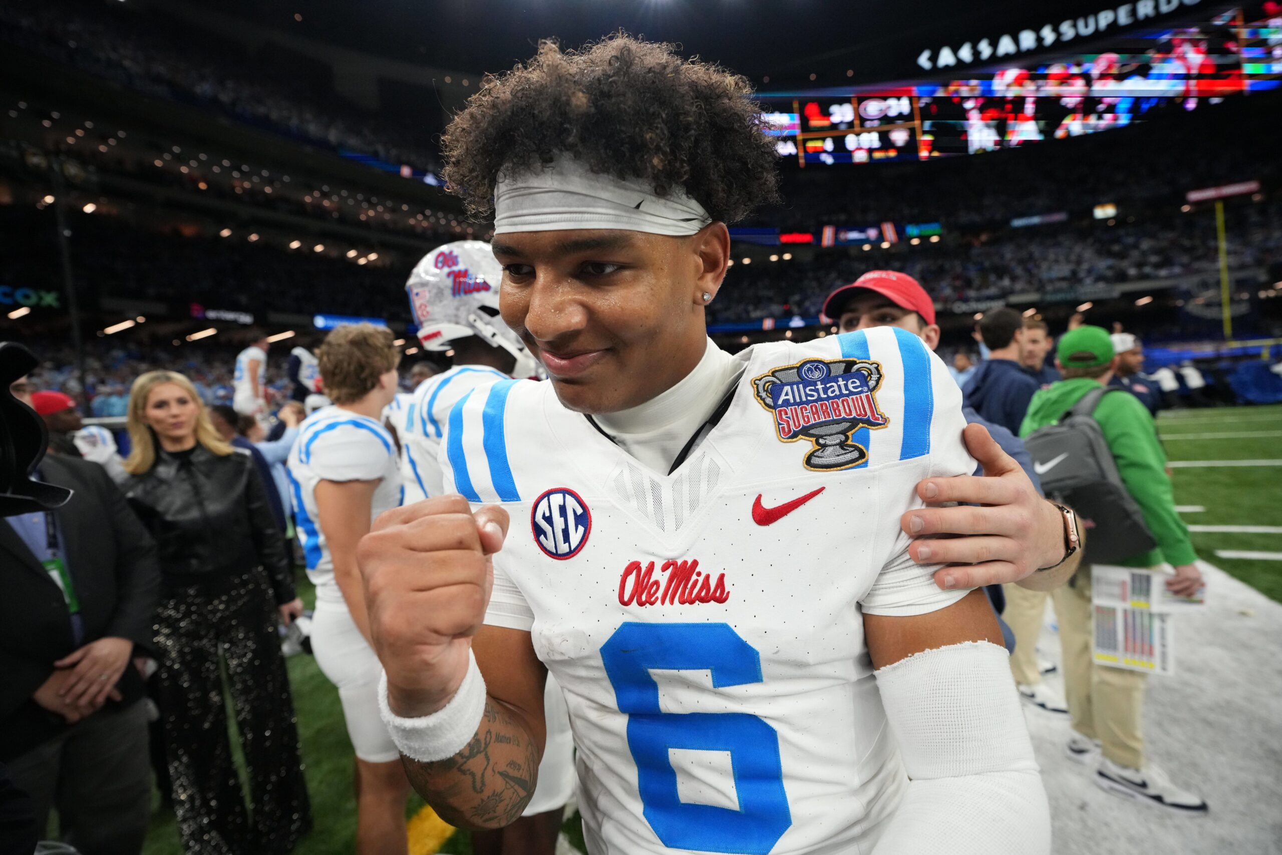 <i>C. Morgan Engel/NCAA Photos/Getty Images via CNN Newsource</i><br/>Chambliss celebrates with the trophy after Ferris State won the Division II national championship in 2024.