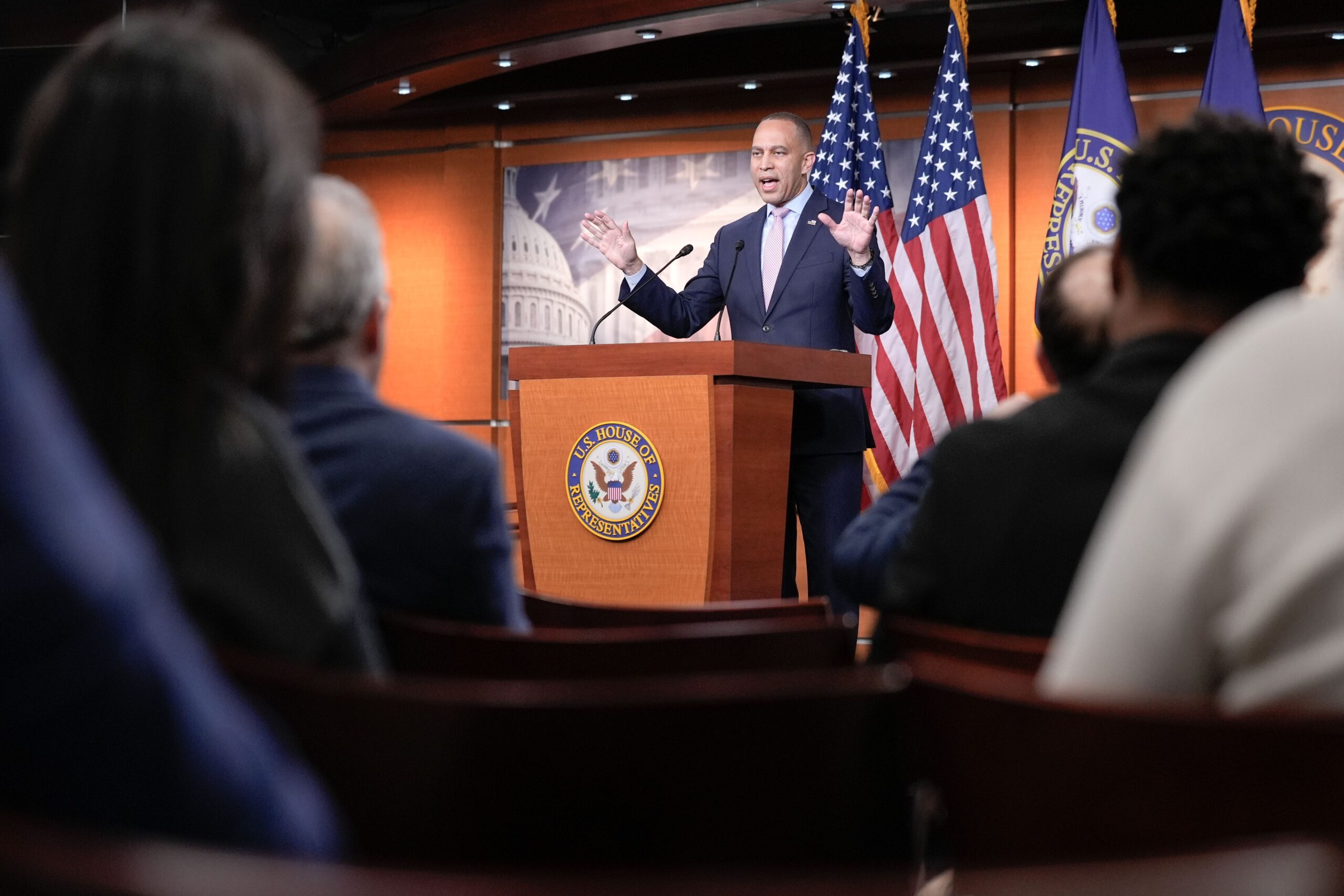 <i>Mariam Zuhaib/AP via CNN Newsource</i><br/>House Minority Leader Hakeem Jeffries speaks during a news conference on Capitol Hill